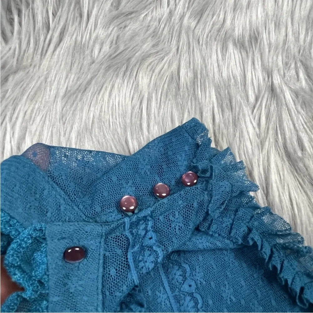 Free People Teal Blue Lace Ruffle Sheer Sleeveless Tunic Dress Size Small
